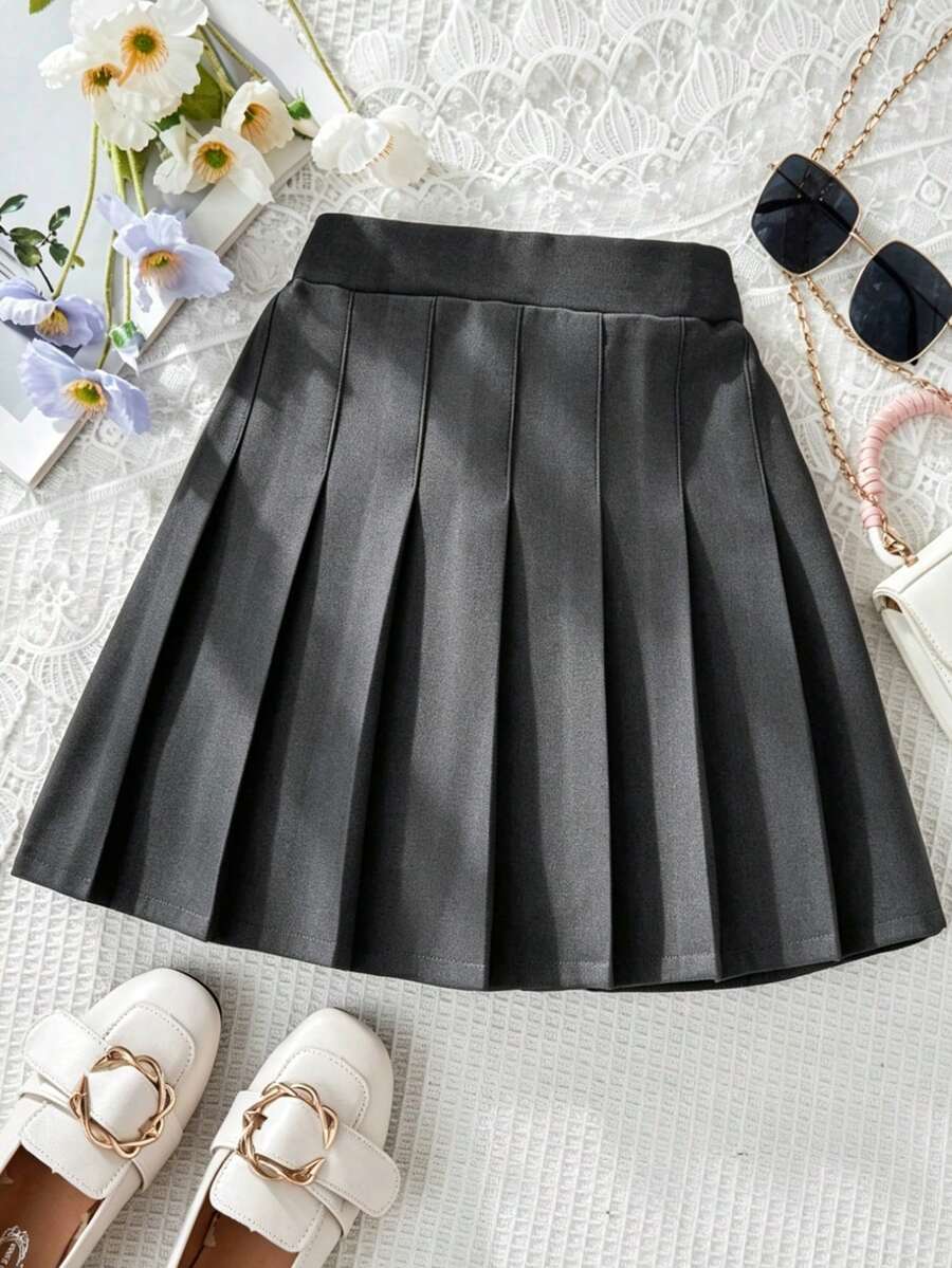 Tween Girl Plain Color Ruched Short Casual Skirt,Holiday,Summer,Travel - Grey - View 1