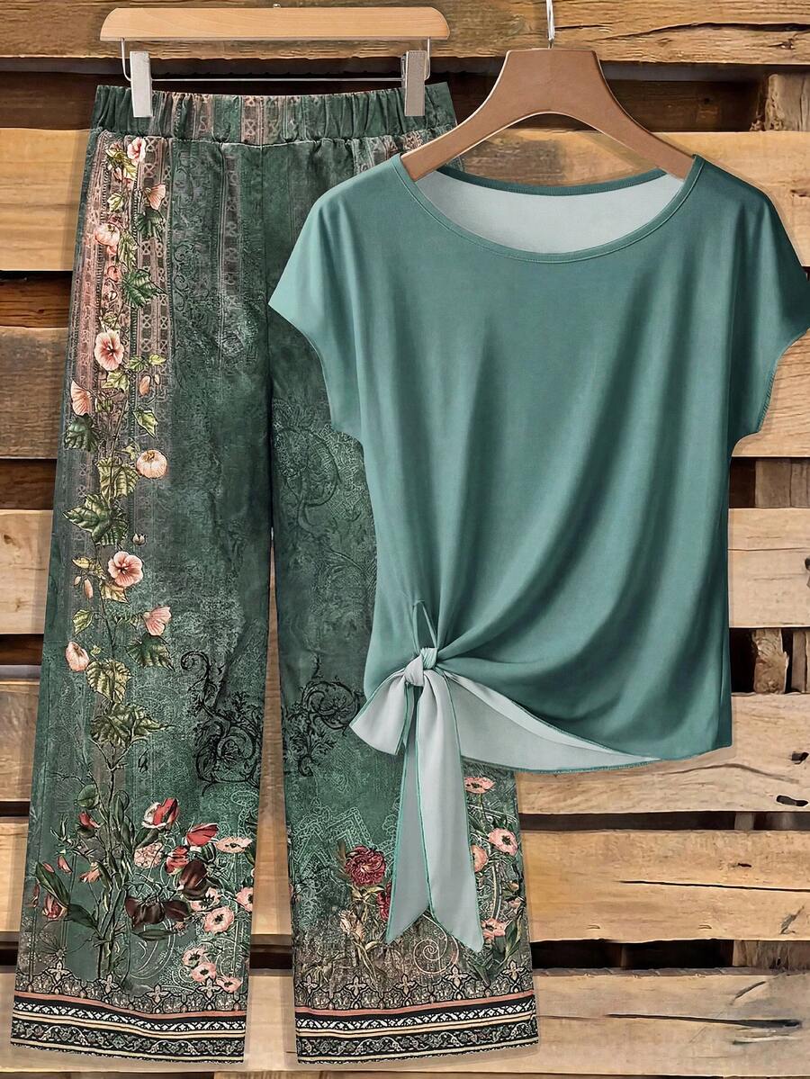 SHEIN Clasi 女款純色圓領短袖側結上衣與花卉印花長褲休閒兩件套 - 綠色 - 查看 1