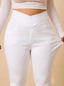 SHEIN Tall CURVE 大尺碼休閒百搭純色修身牛仔褲 秋季 - 白色 - 查看 3