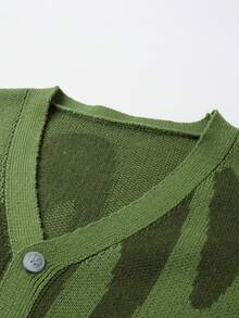 Manfinity CasualKnits 男士對比色長袖單排扣休閒針織開襟衫 - 軍綠色 - 查看 4