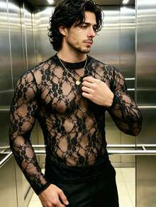 ZURIURI Men's Elegant Streetwear Sexy Casual Lace Sheer Long Sleeve T-Shirt Halloween Club Party Black Floral Autumn - Black - View 2