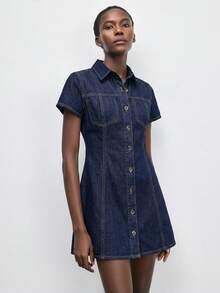 Maija Women's Summer Casual Retro Vintage 70S 70S Retro Front Button Denim Dress Everyday Party Navy Blue Autumn Outfit For Women - Dark Wash - View 7