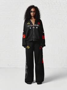 SUMWON WOMEN Central Valley Oversized Full-Zip Hoodie With Embroidered Stars Patches And American Flag Sleeve Detail - Black - View 2