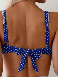 SHEIN Swim Women's Summer Vacation Casual Beach Wear Black & White Polka Dot Print Adjustable Strap Bikini 2-Piece Bikini Set Set - Blue - View 4