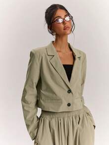 SHEIN BAE Blazer Kasual Wanita Lengan Panjang Kerah Berkerah Warna Polos dengan Kancing Tunggal - Khaki - View 6