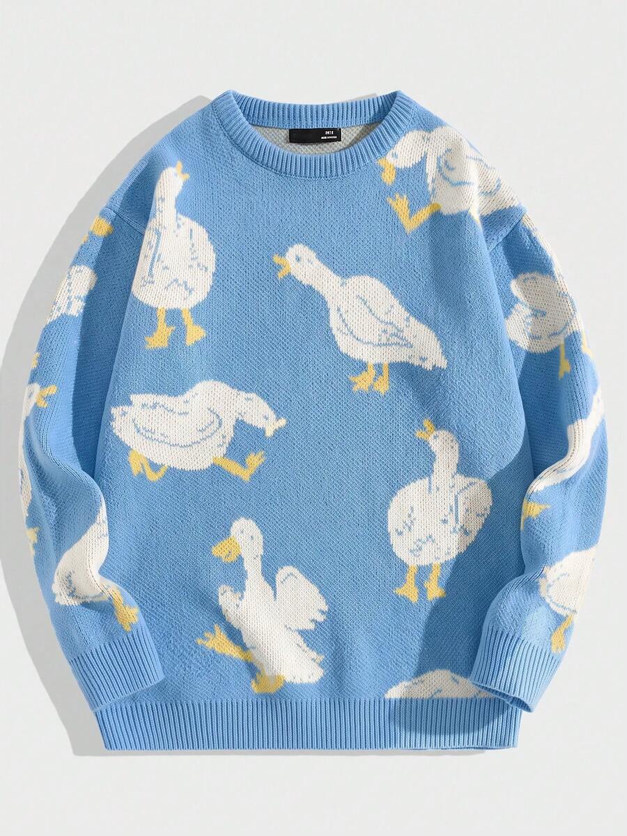 NORVETH Men's Cartoon Animal Pattern Crew Neck Long Sleeve Casual Sweater - Blue - View 1