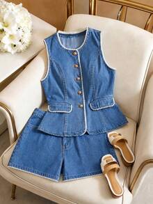 GlowEve Women's Single-Breasted Vest And Shorts Casual Denim Set - Blue - View 8