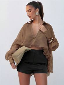 Hauture Sheer Striped Balloon Sleeve Crop Shirt - Brown - View 1