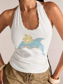 ACID BLVD Tank Top Wanita Kasual Santai dengan Motif Lumba-lumba Lucu dan Hiasan Berlian Imitasi, Cocok untuk Liburan di Pulau & Pemakaian Sehari-hari - Putih - View 2