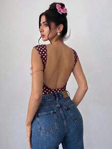 Firerie 女款優雅浪漫時尚通勤性感波點印花露背連身衣，適合派對、度假、約會及婚禮生日 - 酒紅色 - 查看 6