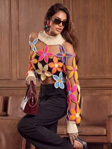 Anewsta Suéter de mujer de cuello redondo con patrón floral calado, manga larga, para primavera y otoño - Albaricoque - Ver 2