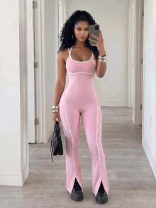 BamGleam Jumpsuit Wanita Model Colorblock dengan Leher Halter dan Kaki Mengembang - MultiWarna - View 1