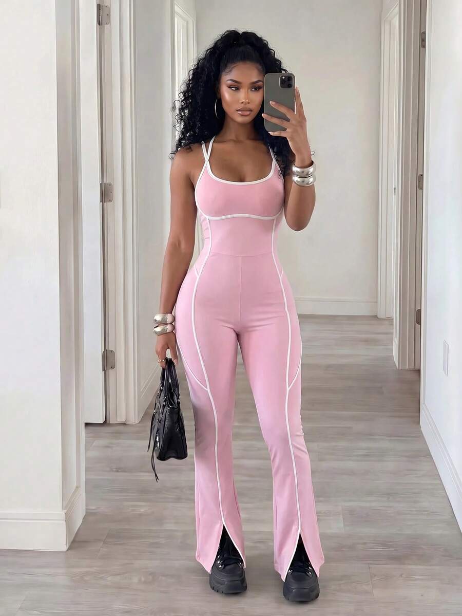 BamGleam Jumpsuit Wanita Model Colorblock dengan Leher Halter dan Kaki Mengembang - MultiWarna - View 1