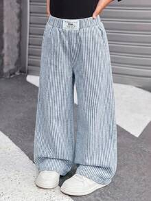 SHEIN Young Girl Y2k Versatile Soft Cotton Patch Blue Striped Denim Loose Baggy Jeans, Fall/Winter, For Young Girls Back-To-School And Daily Wear - Medium Wash - View 5