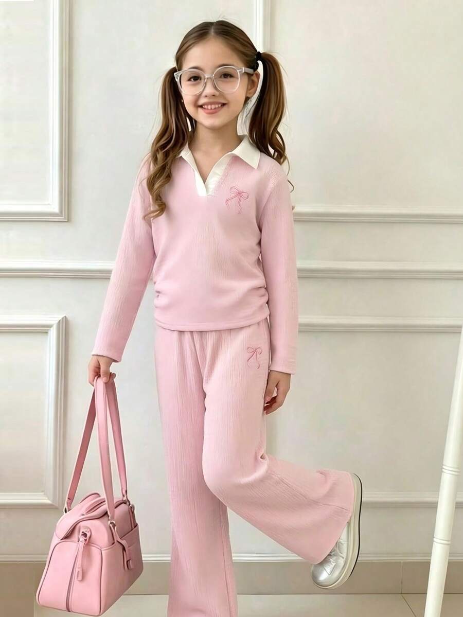 Tween Girls 8-12Y 2Pcs Pink Textured Set, Contrast White Collar V Neck Long Sleeve Top Wi - Baby Pink - View 1