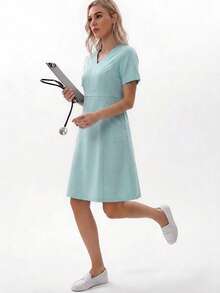 TaskEZ Mint Green V-Neck Short Sleeve Double Pocket Convenient Minimalist Fresh Scrub Uniform Nurse Dress - Cadet Blue - View 5