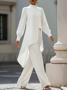 SHEIN Franclia Women's Solid Color Stand Collar Puff Long Sleeve Asymmetrical Hem Blouse And Wide Leg Pants Elegant 2 Pieces Set - White - View 4