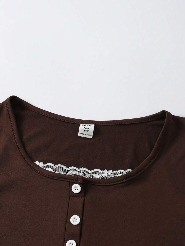 SHEIN Teen Girls Fashion Casual Elegant Cute Street Style Mixed Stripe Lace Trim Long Sleeve T-Shirt Autumn, Knit, Fall Clothes, Halloween, School - Brown - View 6