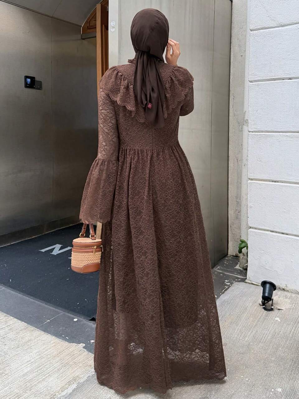Autumn New Elegant Modest Stand Collar Tie-Neck Ruffle Long Sleeve Flare Cuff High Waist Lace Dress Dinner Party Dark Brown