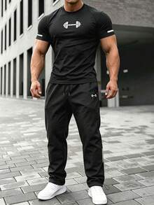 Gym Rark 男士槓鈴印花短袖上衣與抽繩腰長褲休閒日常運動套裝，健身房適用 - 黑色 - 查看 6