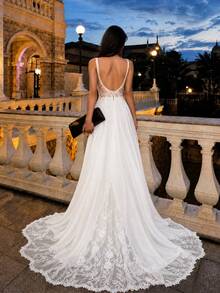 Firerie White,Summer,Elegant,Silky,Formal,Wedding Bride Luxurious Embroidery,Sequins,Lace & Chiffon Spliced Side High Slit, Open Shoulder Bridal Dress - White - View 3