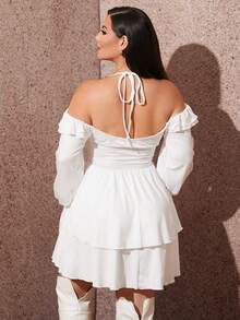 SHEIN SXY Plus Size vår & sommar Elegant enfärgad Ruffle Flare Sleeve Klänning - Vitt - Visa 2