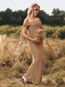 Cheriluna Maternity 聖誕派對洋裝/優雅派對洋裝/嬰兒洗禮派對洋裝 純色露肩露背蝴蝶結長版孕婦攝影洋裝 - 卡其色 - 查看 4
