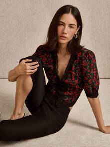 lacRébo Romantic Black Blouse With A Red Floral Print With Sleeves, Neckline, And Front Opening On Lace - Black - View 7