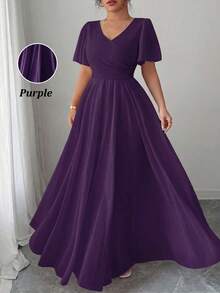 Elenzga Plus Size Women's V-Neck A-Line Chiffon Dress With Ruffle Sleeves, Elegant And Romantic - Purple - View 1