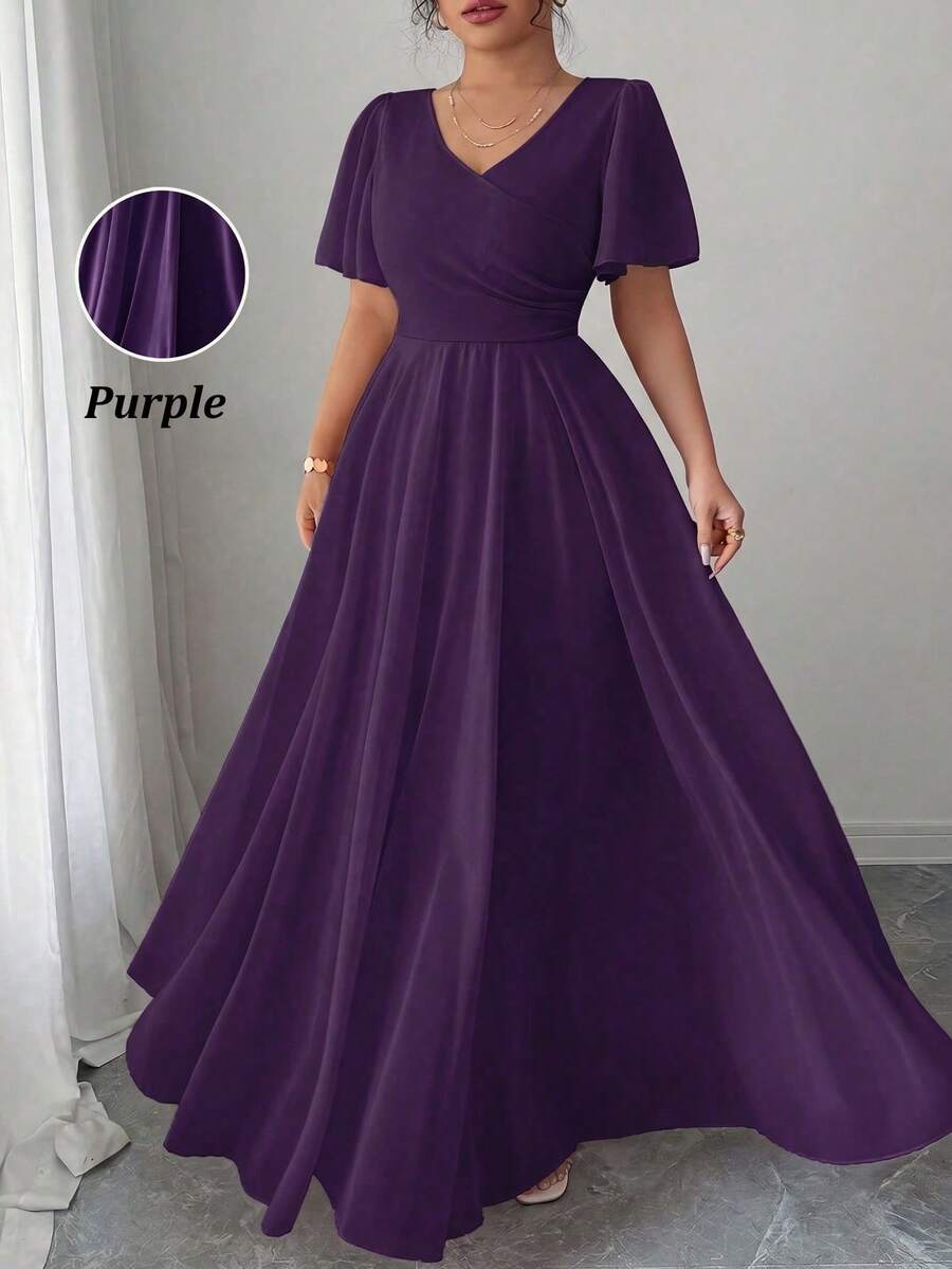 Elenzga Plus Size Women's V-Neck A-Line Chiffon Dress With Ruffle Sleeves, Elegant And Romantic - Purple - View 1