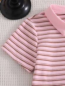 Girls' Summer Striped Polo Set, Classic Pink And Brown Striped Combination, Suitable For All Skin Tones - Pink - View 6