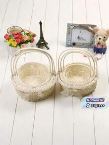 1PC Small Round Handwoven Natural Rattan Wicker Flower Basket Boho Rustic Wedding Petal Tossing Floral Gift Packaging Storage Basket Home Party Decor Spring Summer Valentine Mothers Day Birthday Gift Must Haves - White - View 1