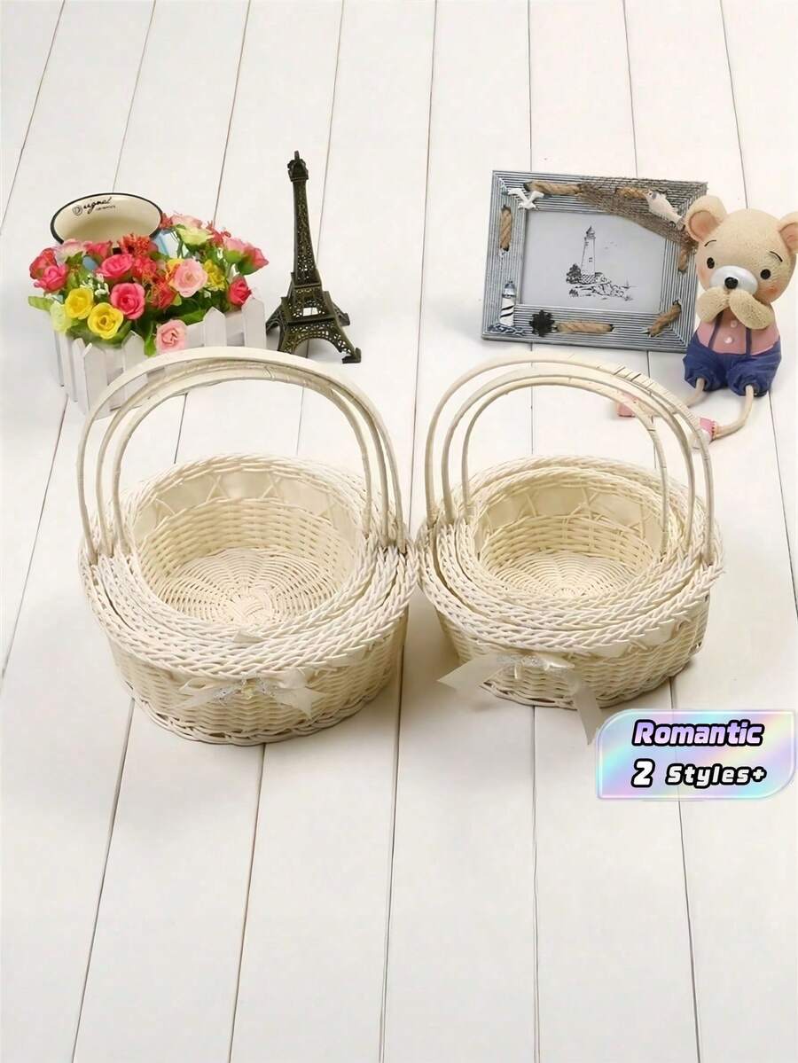 1PC Small Round Handwoven Natural Rattan Wicker Flower Basket Boho Rustic Wedding Petal Tossing Floral Gift Packaging Storage Basket Home Party Decor Spring Summer Valentine Mothers Day Birthday Gift Must Haves - White - View 1