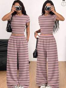 Teen Girls Casual Striped Pattern Vacation Summer 2 Pieces Set - Multicolor - View 1