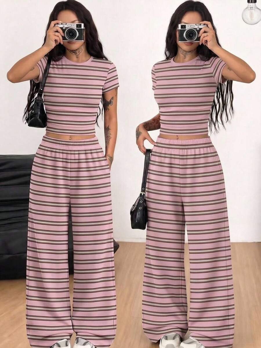 Teen Girls Casual Striped Pattern Vacation Summer 2 Pieces Set - Multicolor - View 1