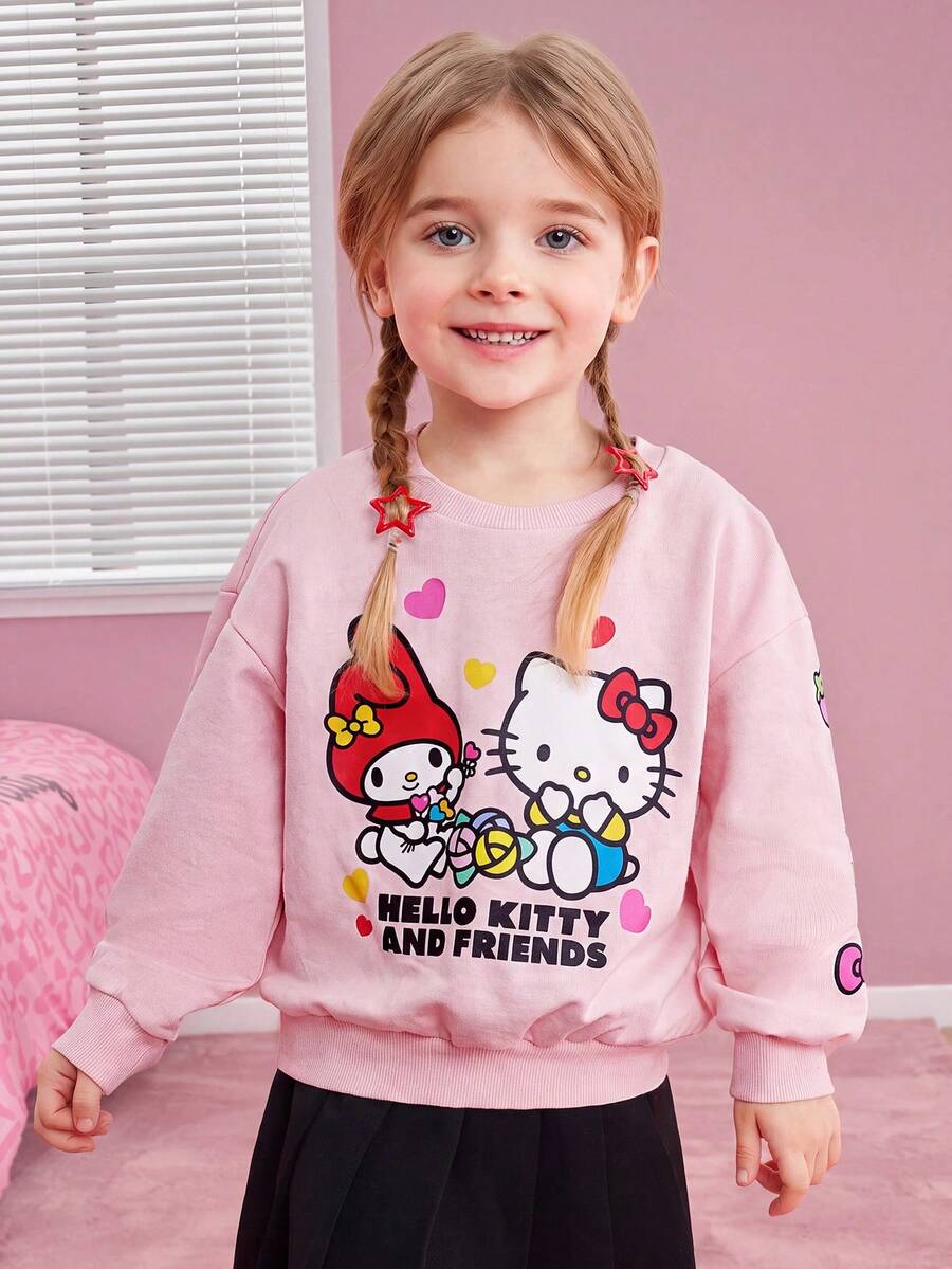 HELLO KITTY AND FRIENDS | SHEIN Sudadera con cuello redondo con estampado de dibujos animados para niña - Rosa - Ver 1
