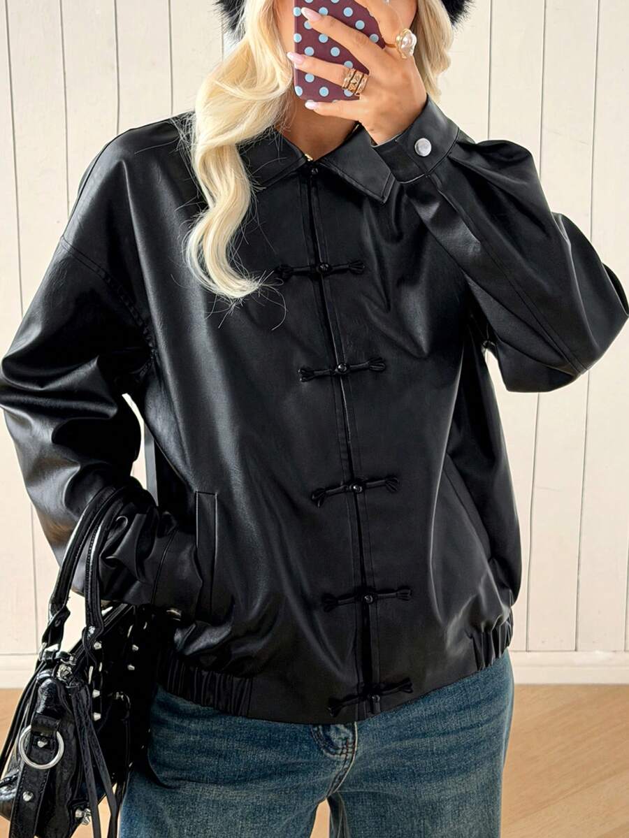 SHEIN EZwear Fashionable Versatile Black Frog Button PU Leather Jacket - Black - View 1