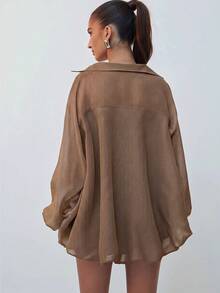 Hauture Sheer Striped Balloon Sleeve Crop Shirt - Brown - View 2