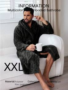 Multi-Color Plush Cable Jacquard Hooded Bathrobe - Men's Couples Style For Autumn/Winter Elegant & Fashionable Home Leisure Wear - Black - View 8