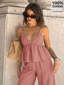 Siren Gaze Women's Solid Color Pleated Cami Top & Long Pants Casual Daily 2 Pieces Set - Dusty Pink - View 5