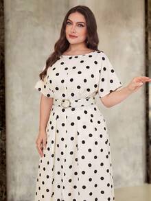 Modelyn Plus Size Women Black And White Pattern Round Neck Short Sleeve Pleated Design Elegant 70's Dress Tea Party Brunch Dinner Summer - Apricot - View 2