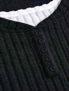 SHEIN Girlism 青少年女孩拼色 2-In-1 設計 T-shirt，修身版型，休閒風格，黑色層次長袖上衣，冬季，Y2K，街頭風 - 黑色 - 查看 3