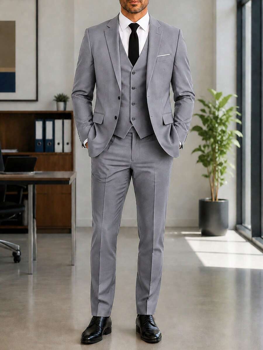 Men's Two-Piece Suit Plus Sizes One-Button, Pants Jacket And Belt Included In Plain Color, Ideal For Weddings Formal Events And Office. - Grey - View 1