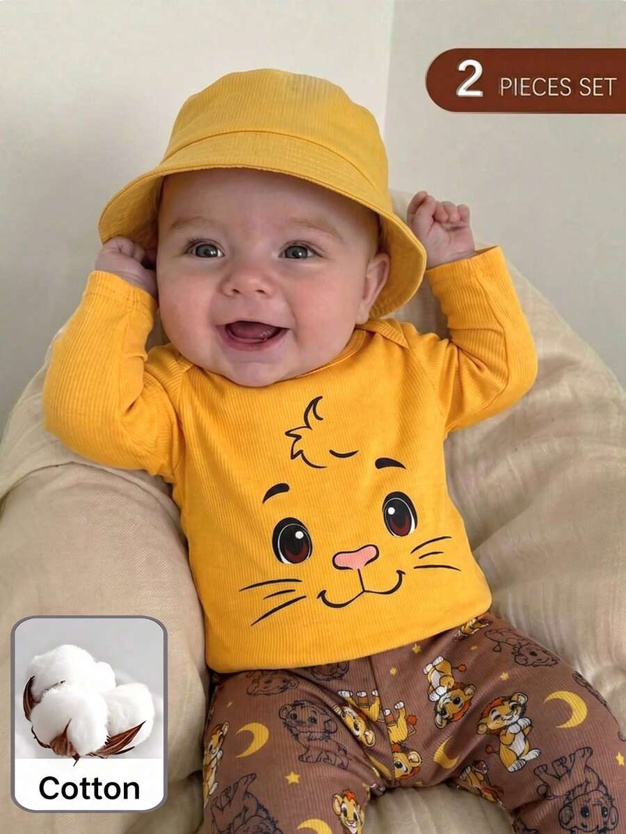 SHEIN Set Piyama Rumahan Kasual Lengan Panjang Motif Kartun untuk Bayi Baru Lahir - Kuning - View 1