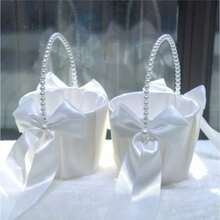 Floral Basket For The Bride At Wedding, Set Of 2 With Beautiful Pearl Handle And Satin Tulle, Suitable For Wedding Parties, Ivory Color - Pearl Bow Flower Basket - View 6