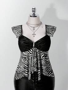 SHEIN ICON 女款大尺碼斑馬紋不對稱下擺荷葉袖上衣 - 彩色 - 查看 3