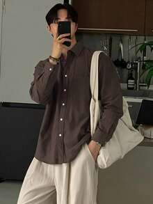 DAZY 春秋款長袖純色棕色通勤男士襯衫 - 棕色 - 查看 5