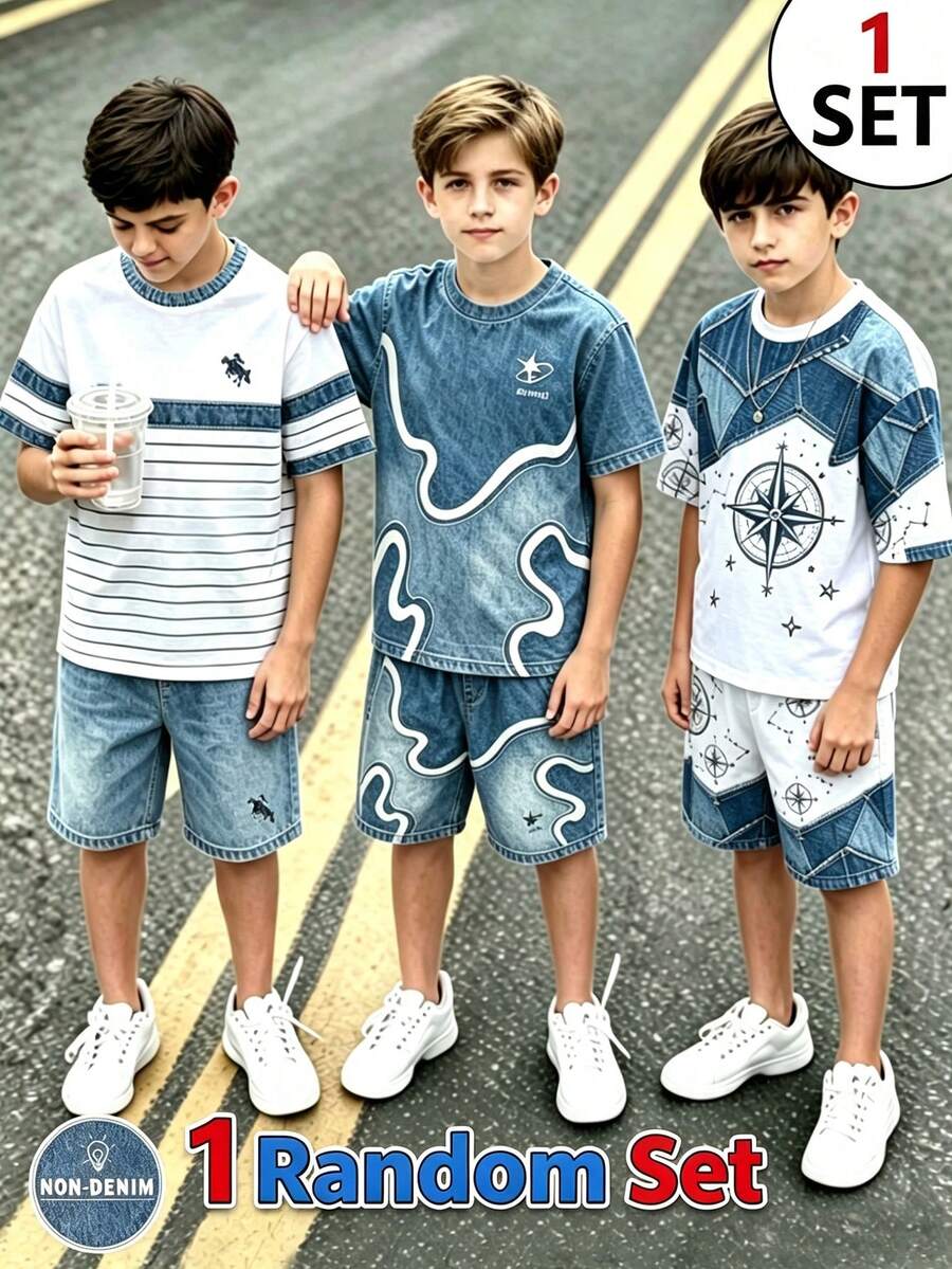 1 Random Set,Summer Boys' Casual Striped Set, Boys' Contrast Color Embroidered Crew Neck Short Sleeve T-Shirt + Solid Color Bermuda Shorts - Multicolor - View 1