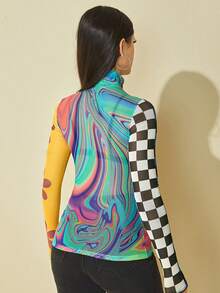 SHEIN ICON Mock Neck Letter & Cartoon & Striped Pattern Colorblock Y2k Graphic Top - Multicolor - View 2