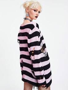 ROMWE Kawaii Striped Distressed Sweater, School - Multicolor - View 2